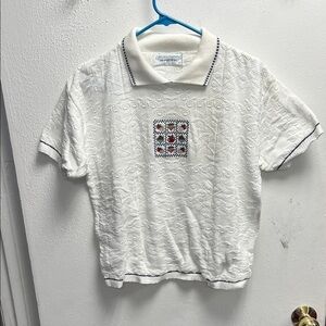 Vintage White Textured Polo with Apple 🍎 Embroidery